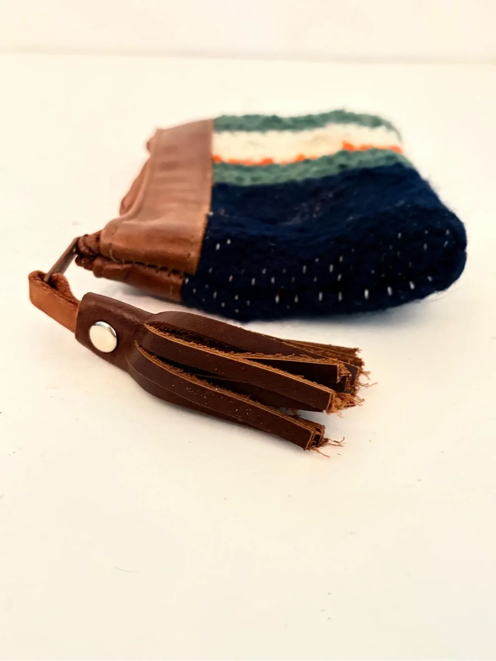 Striped Woven Wool with Leather Trim & Tassel Makeup Pouch Coin Purse Wallet
